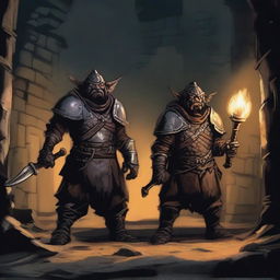 Two armored hobgoblins stand in front of an open grilled iron gate in an underground arena setting