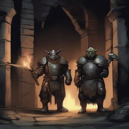 Two armored hobgoblins stand in front of an open grilled iron gate in an underground arena setting