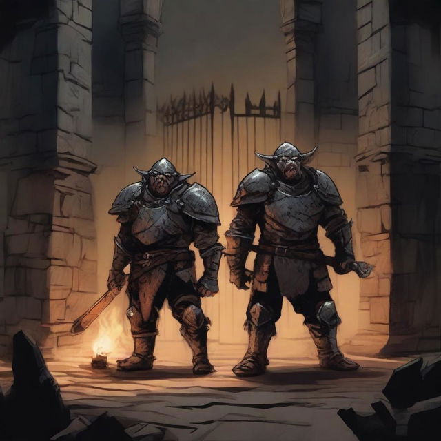 Two armored hobgoblins stand in front of an open grilled iron gate in an underground arena setting