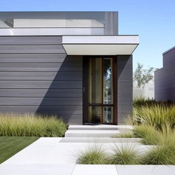 Design a visually striking front of a house with a modern architectural style, manicured front yard and a welcoming entrance.