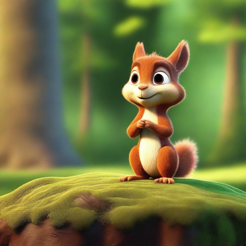 A cute young brown squirrel in Pixar animation style, rendered in CGI