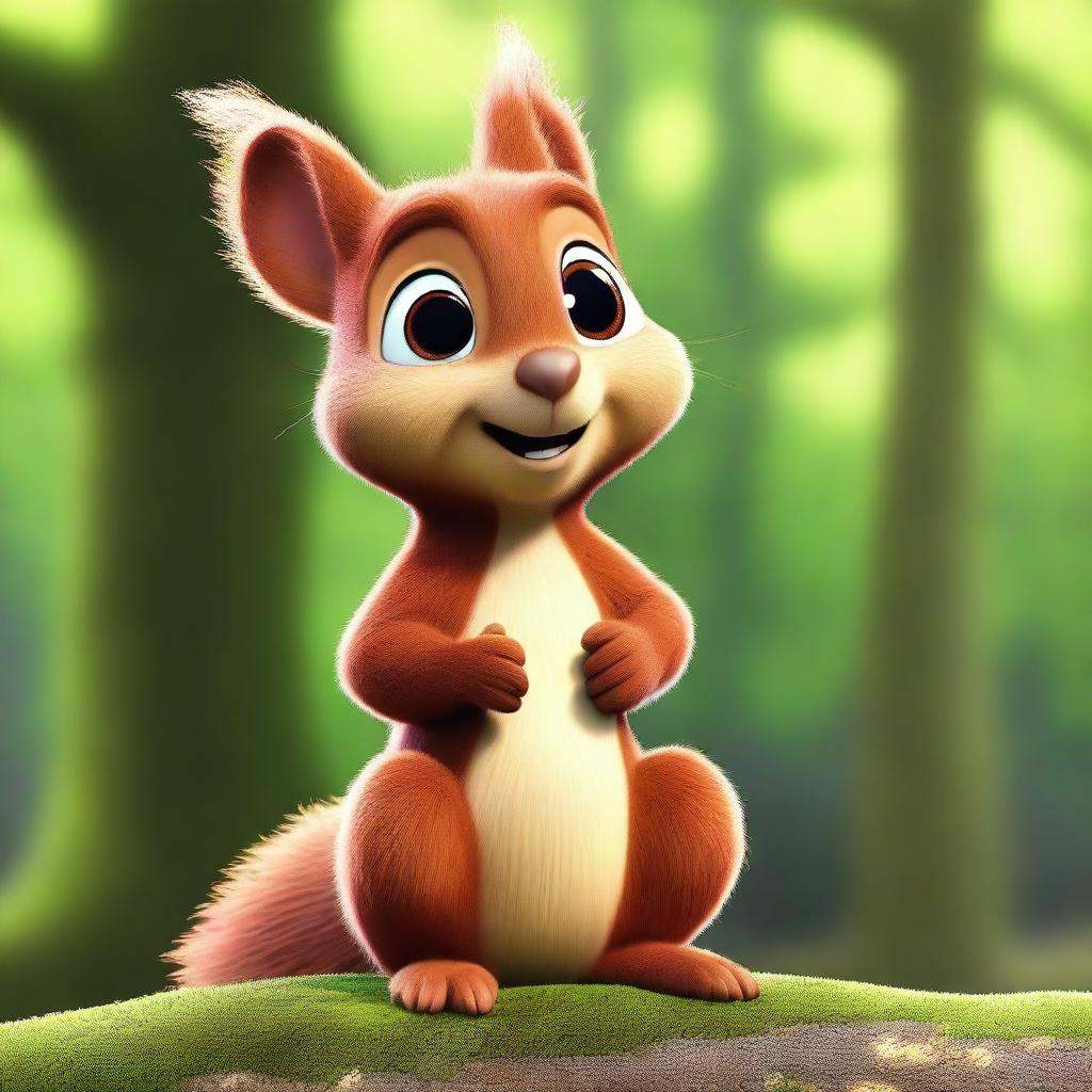 A cute young brown squirrel in Pixar animation style, rendered in CGI