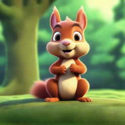 A cute young brown squirrel in Pixar animation style, rendered in CGI