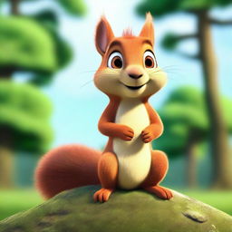 A cute young brown squirrel in Pixar animation style, rendered in CGI