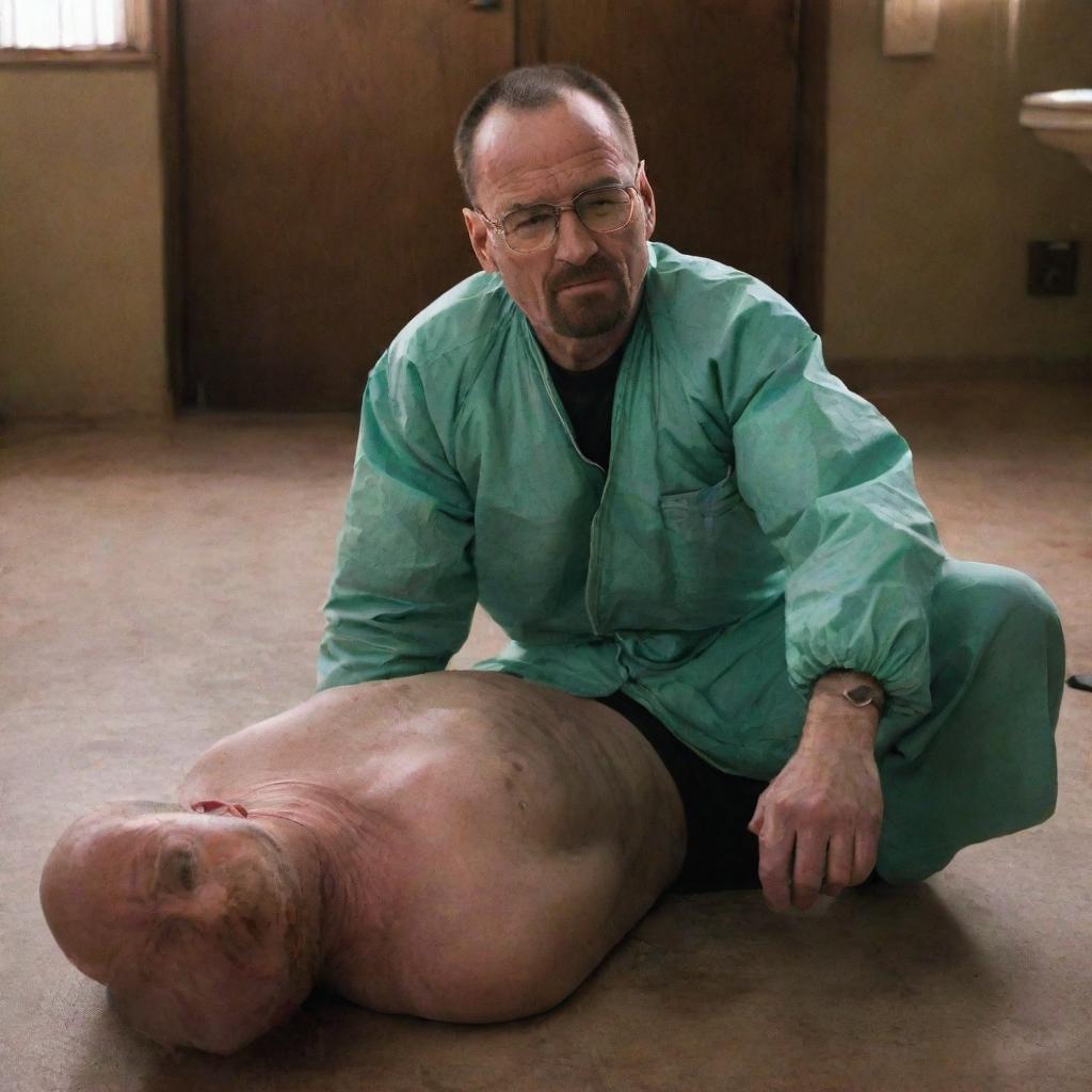 The momentous scene in Breaking Bad where Walter White meets his end, lying on the ground in the meth lab, his expression calm and peaceful, with a hint of a smile as he gazes up.