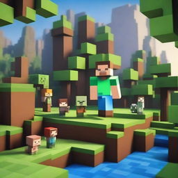 Create an image featuring characters and landscapes from the Minecraft universe