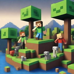 Create an image featuring characters and landscapes from the Minecraft universe