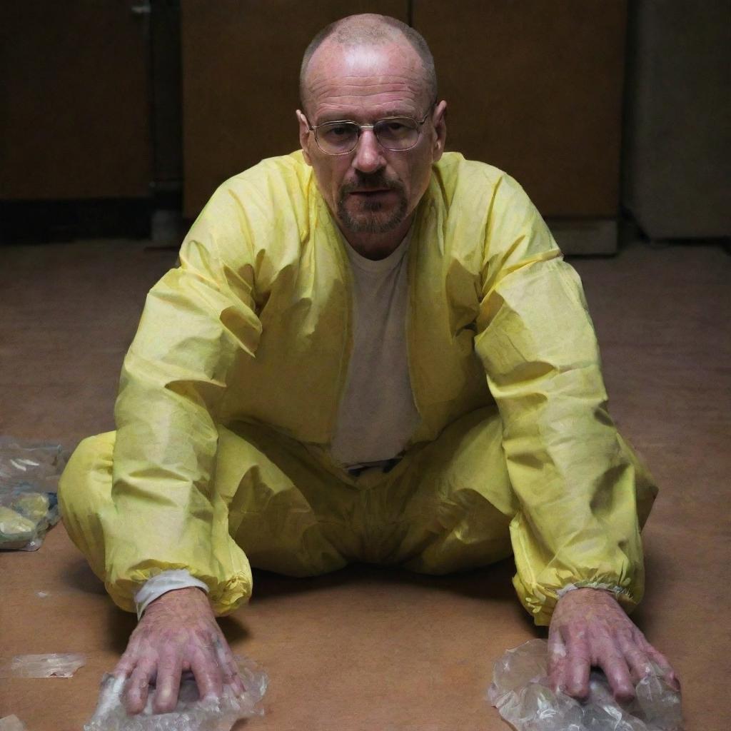 The momentous scene in Breaking Bad where Walter White meets his end, lying on the ground in the meth lab, his expression calm and peaceful, with a hint of a smile as he gazes up.