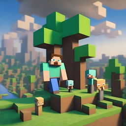 Create an image featuring characters and landscapes from the Minecraft universe