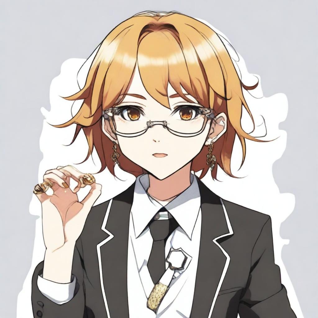 An anime character, a girl with a boyish appearance, wearing round golden glasses, a shirt, a black tie, and black pants