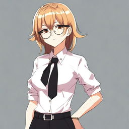 An anime character, a girl with a boyish appearance, wearing round golden glasses, a shirt, a black tie, and black pants