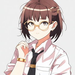 An anime character, a girl with a boyish appearance, wearing round golden glasses, a shirt, a black tie, and black pants