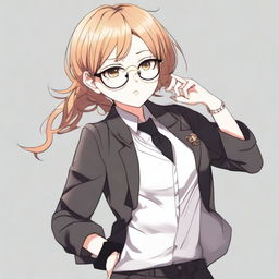 An anime character, a girl with a boyish appearance, wearing round golden glasses, a shirt, a black tie, and black pants