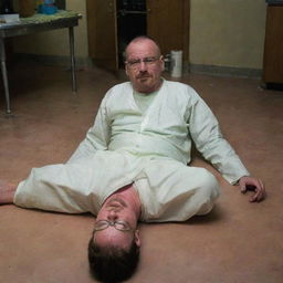 The momentous scene in Breaking Bad where Walter White meets his end, lying on the ground in the meth lab, his expression calm and peaceful, with a hint of a smile as he gazes up.