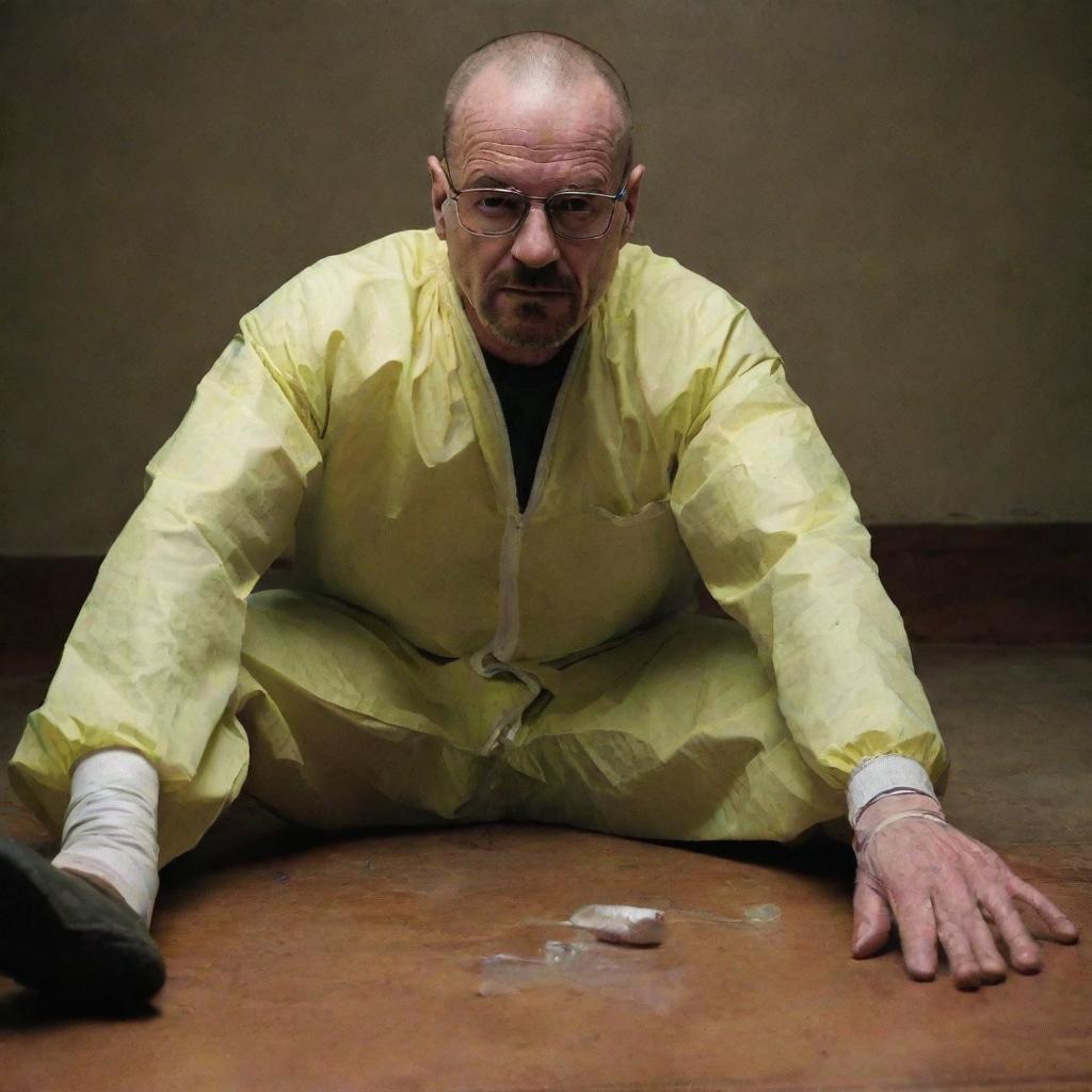 The momentous scene in Breaking Bad where Walter White meets his end, lying on the ground in the meth lab, his expression calm and peaceful, with a hint of a smile as he gazes up.