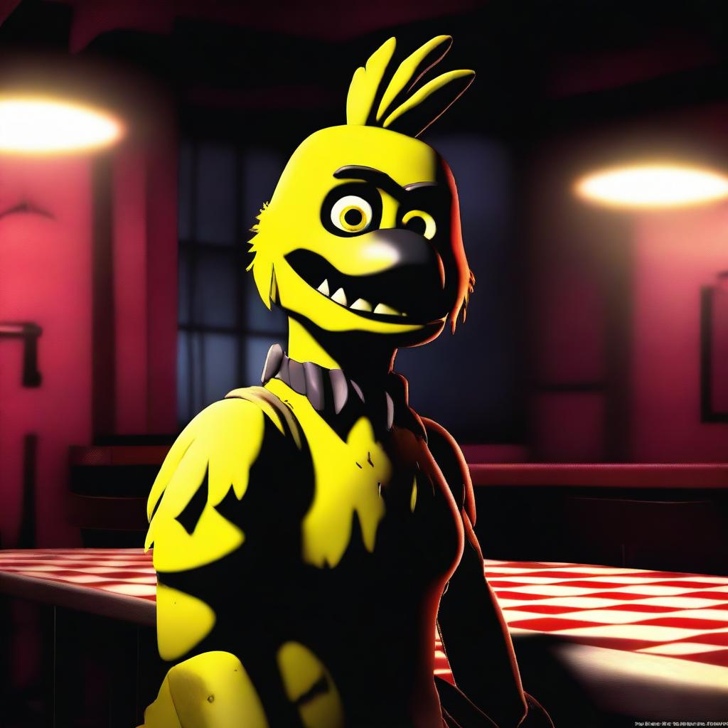 Create an image of Chica from Five Nights at Freddy's, standing in a spooky pizzeria with dim lighting and eerie shadows