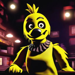 Create an image of Chica from Five Nights at Freddy's, standing in a spooky pizzeria with dim lighting and eerie shadows