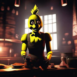 Create an image of Chica from Five Nights at Freddy's, standing in a spooky pizzeria with dim lighting and eerie shadows