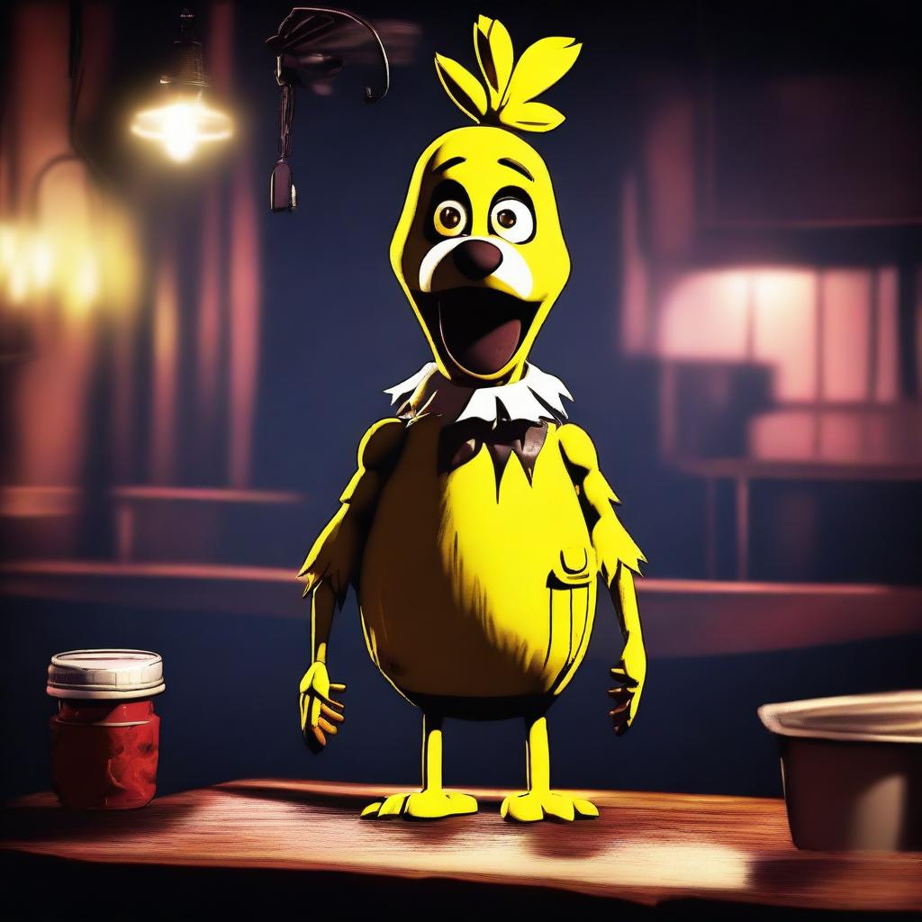 Create an image of Chica from Five Nights at Freddy's, standing in a spooky pizzeria with dim lighting and eerie shadows