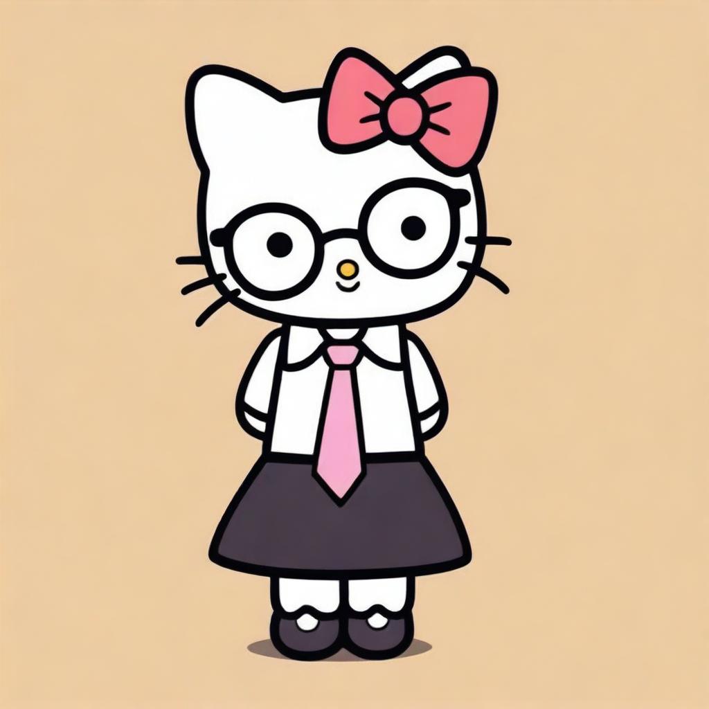 Create an image of Hello Kitty that is brown, wearing square glasses, a black skirt, a white shirt, and a black tie