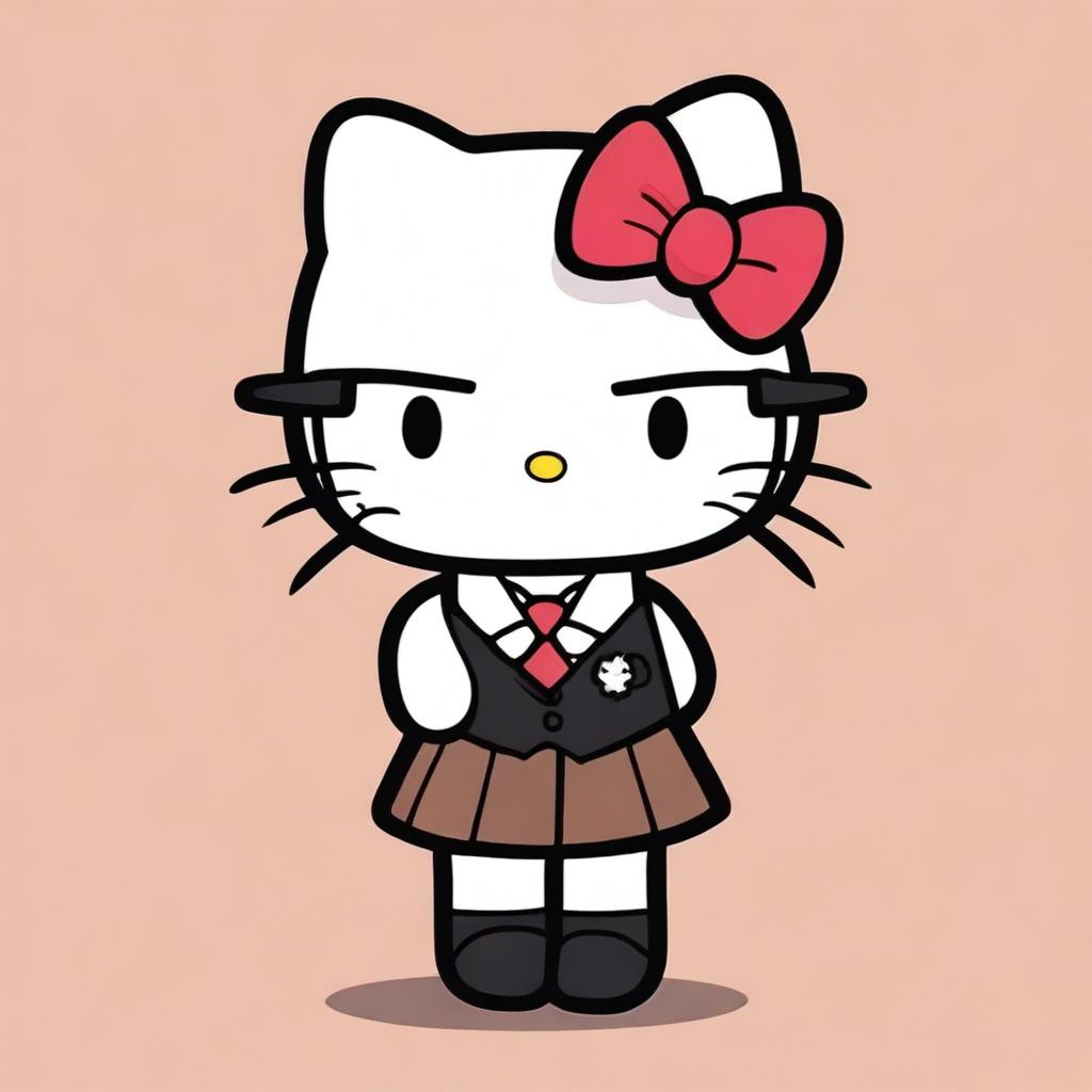 Create an image of Hello Kitty that is brown, wearing square glasses, a black skirt, a white shirt, and a black tie