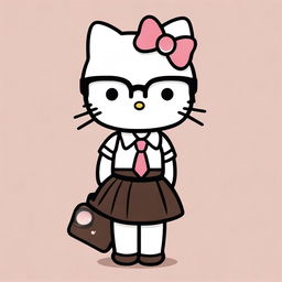 Create an image of Hello Kitty that is brown, wearing square glasses, a black skirt, a white shirt, and a black tie