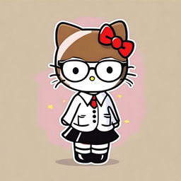 Create an image of Hello Kitty that is brown, wearing square glasses, a black skirt, a white shirt, and a black tie