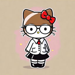 Create an image of Hello Kitty that is brown, wearing square glasses, a black skirt, a white shirt, and a black tie