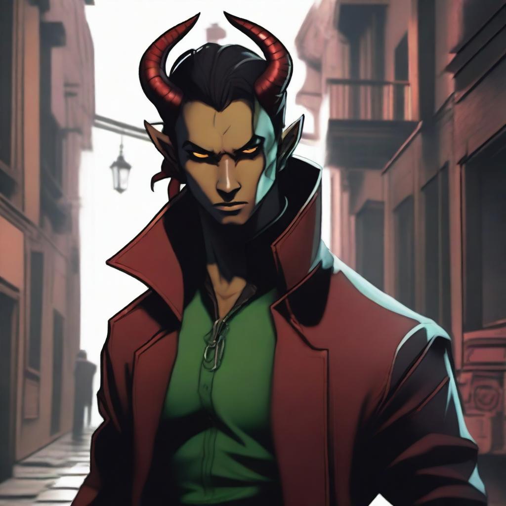 A dark red male tiefling assassin with black hair in a short ponytail and green eyes