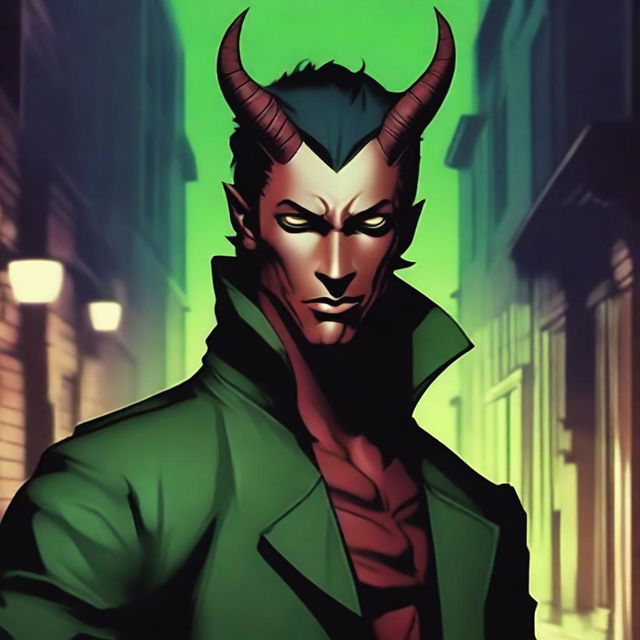 A dark red male tiefling assassin with black hair in a short ponytail and green eyes