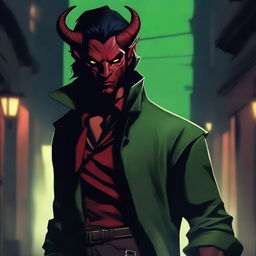 A dark red male tiefling assassin with black hair in a short ponytail and green eyes