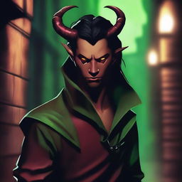 A dark red male tiefling assassin with black hair in a short ponytail and green eyes