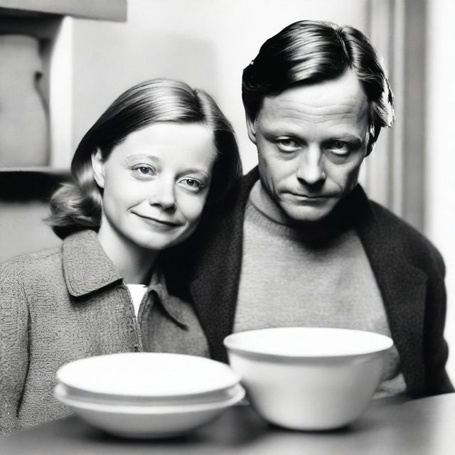 Create a black and white film cover featuring a young Jodie Foster and Swedish actor Harald Treutiger