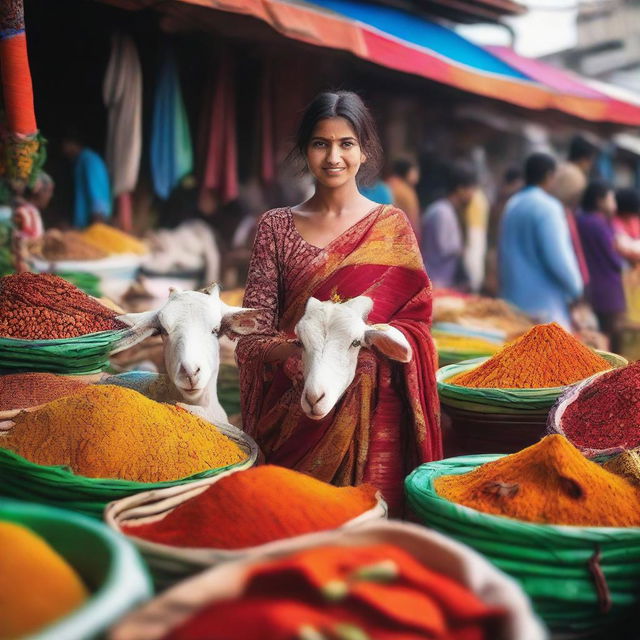 A stunning beauty standing at a bustling Indian market, surrounded by vibrant stalls filled with fresh produce, spices, and colorful textiles