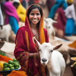 A stunning beauty standing at a bustling Indian market, surrounded by vibrant stalls filled with fresh produce, spices, and colorful textiles