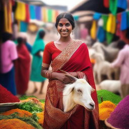 A stunning beauty standing at a bustling Indian market, surrounded by vibrant stalls filled with fresh produce, spices, and colorful textiles