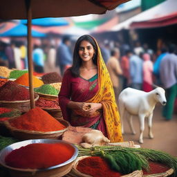 A stunning beauty standing at a bustling Indian market, surrounded by vibrant stalls filled with fresh produce, spices, and colorful textiles