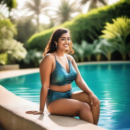 An Indian woman with a voluptuous figure sitting by the edge of an outdoor swimming pool