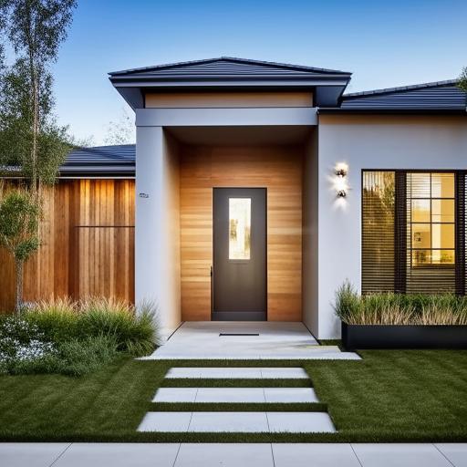 Design a visually striking front of a house with a modern architectural style, manicured front yard and a welcoming entrance.