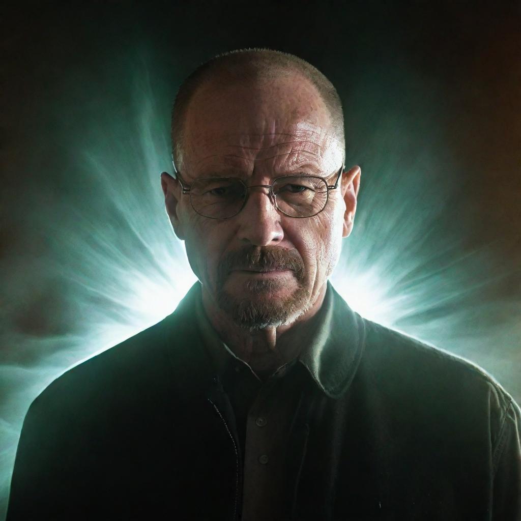 An imaginative scene depicting Walter White from Breaking Bad being reborn, surrounded by ethereal light. His new form is still retaining its iconic features while signifying a new beginning.