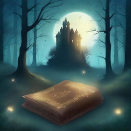 A captivating book cover showcasing a mysterious forest with a hidden path leading to an ancient castle