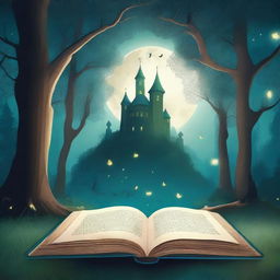 A captivating book cover showcasing a mysterious forest with a hidden path leading to an ancient castle