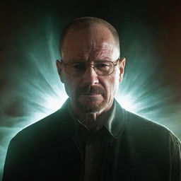 An imaginative scene depicting Walter White from Breaking Bad being reborn, surrounded by ethereal light. His new form is still retaining its iconic features while signifying a new beginning.