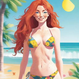 A short red-headed woman with long hair and freckles is wearing a bikini