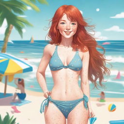 A short red-headed woman with long hair and freckles is wearing a bikini