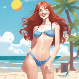 A short red-headed woman with long hair and freckles is wearing a bikini