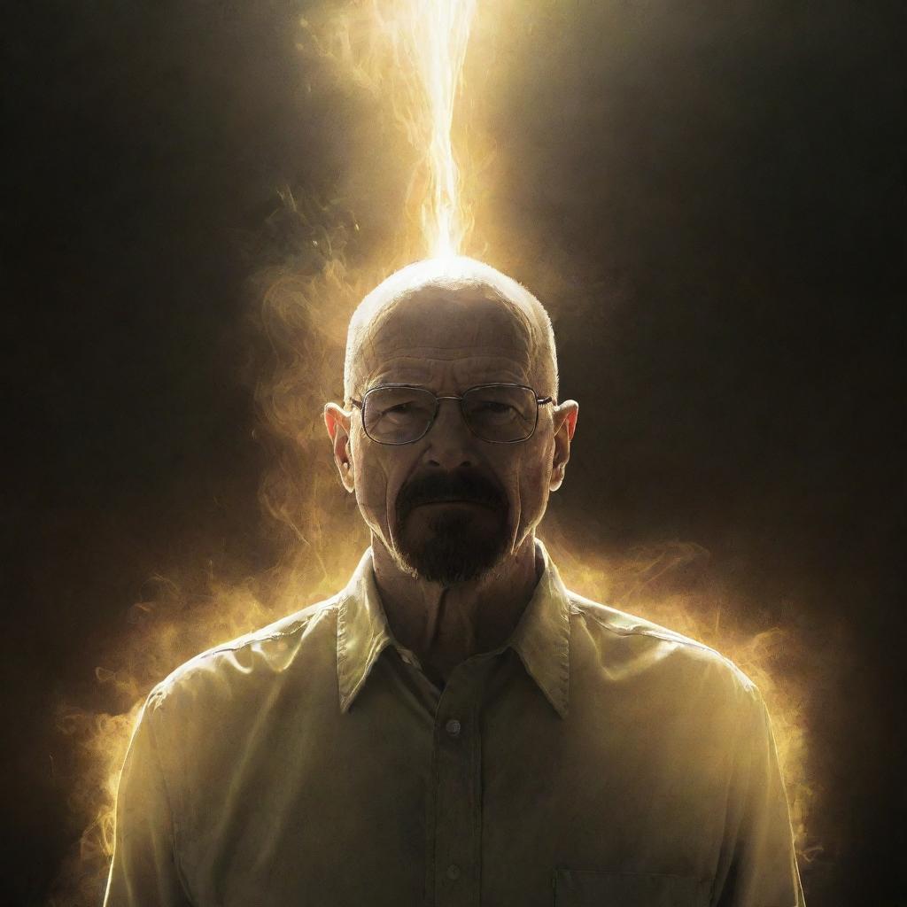 An imaginative scene depicting Walter White from Breaking Bad being reborn, surrounded by ethereal light. His new form is still retaining its iconic features while signifying a new beginning.