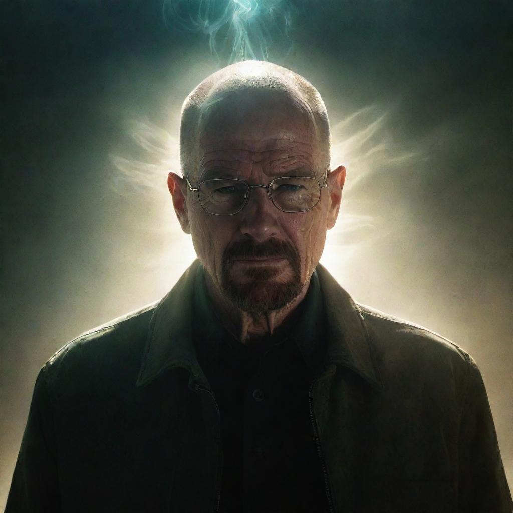 An imaginative scene depicting Walter White from Breaking Bad being reborn, surrounded by ethereal light. His new form is still retaining its iconic features while signifying a new beginning.