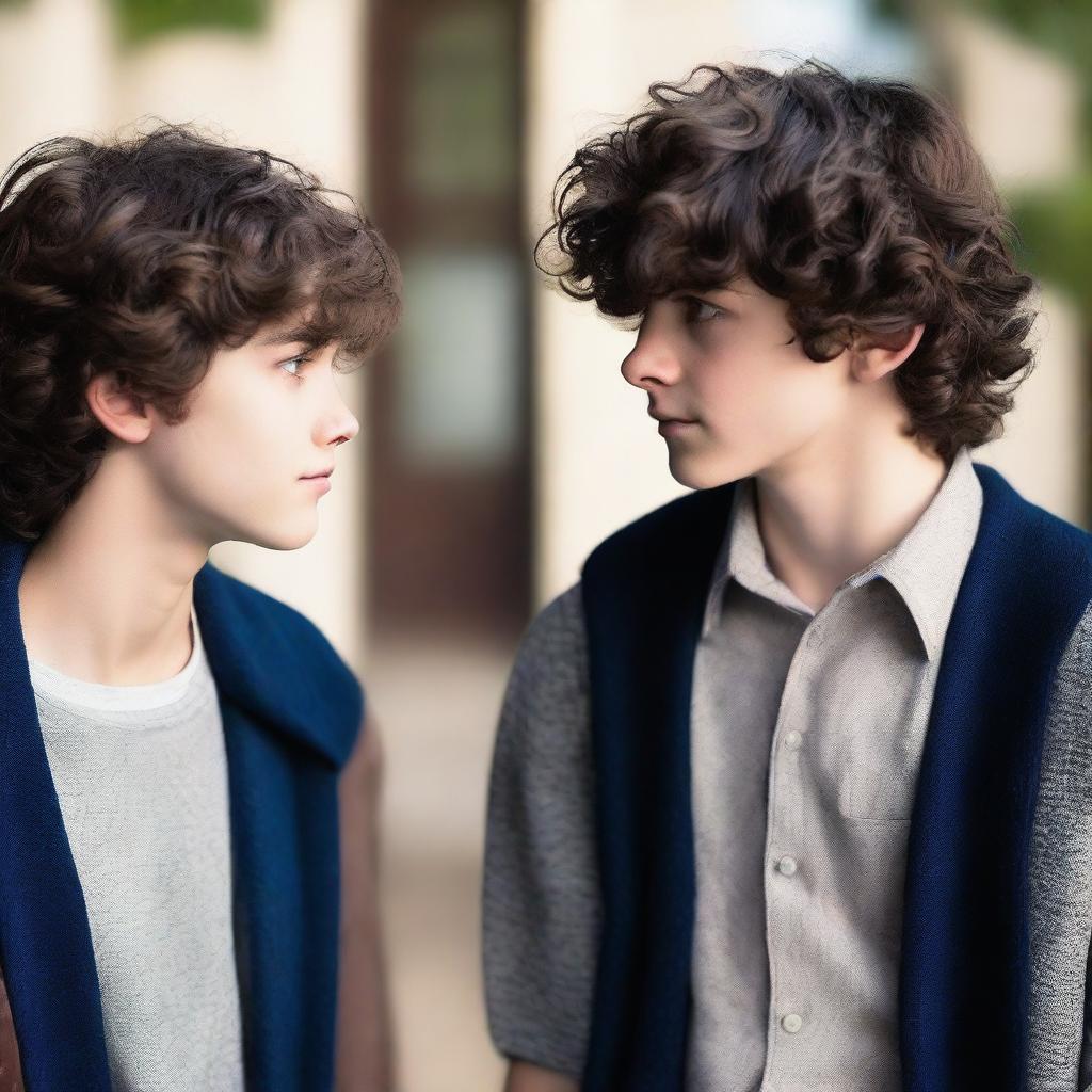 A cinematic photo of two high school boys staring into each other's eyes