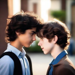 A cinematic photo of two high school boys staring into each other's eyes